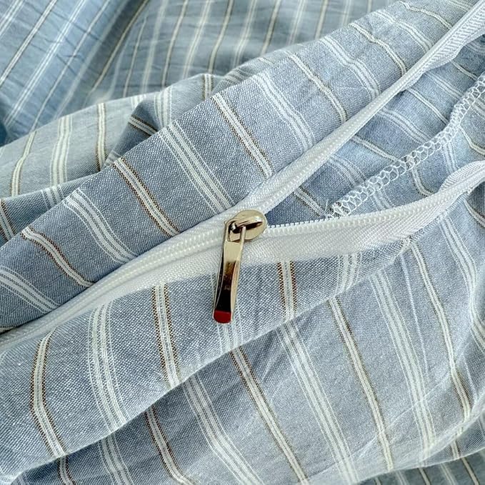 PinkMemory Blue Striped Duvet Cover Set Queen 100% Washed Cotton Blue Stripes - Image 6