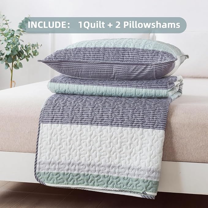 Andency Oversized Queen Quilt Bedding Set, 98x98Inch Sage Green Stripe - Image 7