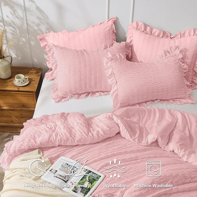JOLLYVOGUE Pink Twin Size Comforter Set, 2 Pieces Seersucker Lightweight Fluffy - Image 2