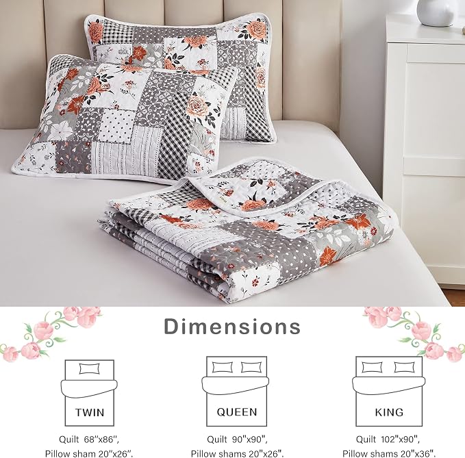 Patchwork Quilt Set Full/Queen Size, 3 Pieces Grey Floral Plaid Summer - Image 7