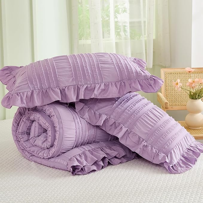 WONGS BEDDING Purple Comforter Set Queen, 3 Pieces Ruffle Farmhouse Shabby Chic - Image 7