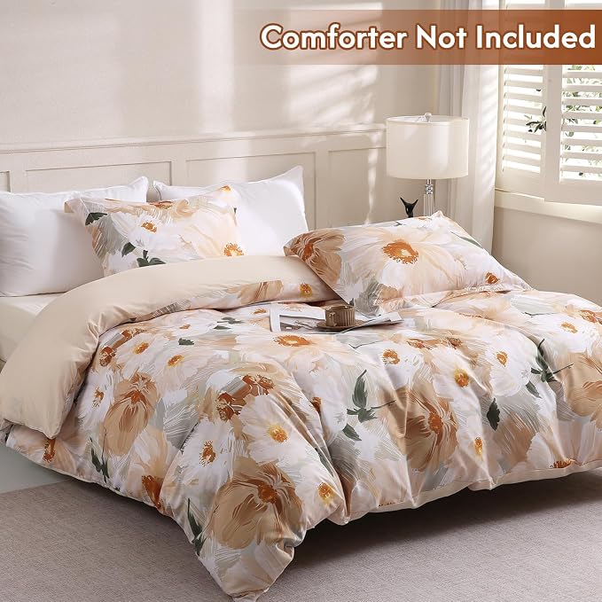 LONAVA Queen Flower 3 Pcs Duvet Cover Set, Breathable Soft Microfiber Biege - Image 2
