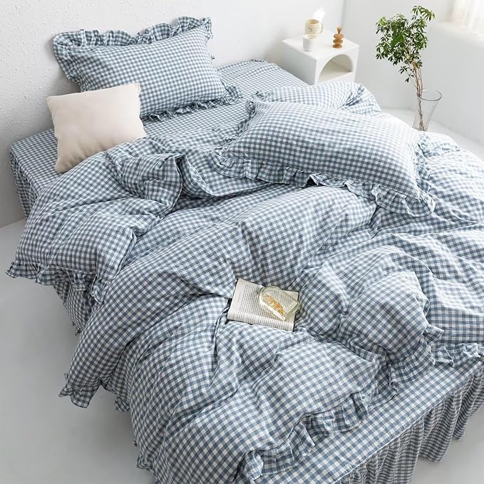 MKXI Blue and White Gingham Duvet Cover Twin Size, 3-Piece Bedding Set - Image 4