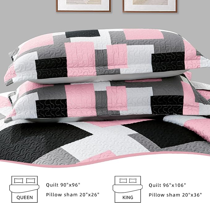 Tyrot 2 Piece Pink Grey Quilt Set Twin Size Pink Gray White Geometric - Image 7