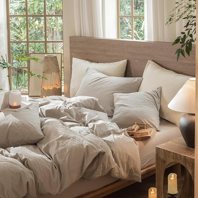 MooMee Wavy Striped Duvet Cover Set 100% Washed Cotton Linen Like Textured - Image 7