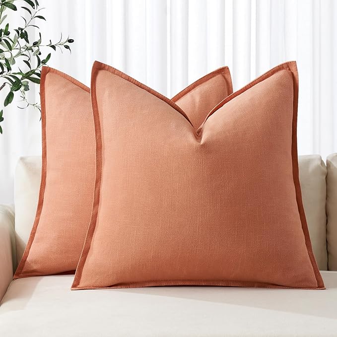 MIULEE Decorative Linen Pillow Covers 20x20 Inch Coral ​Boho Farmhouse​ by MIULEE