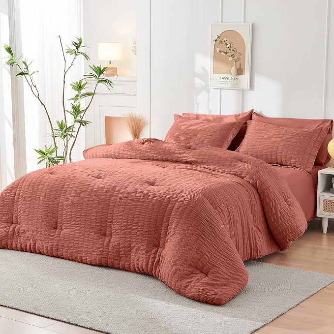 HYMOKEGE Coral King Size Comforter Set Seersucker 7 Pieces, All Season Luxury - Image 8