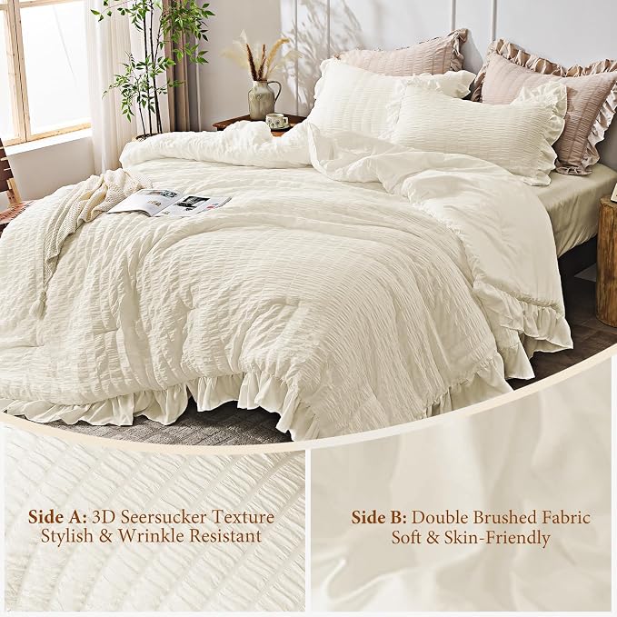 JOLLYVOGUE Ivory Comforter Full Size, 3 Pieces Seersucker Lightweight Full Size - Image 5
