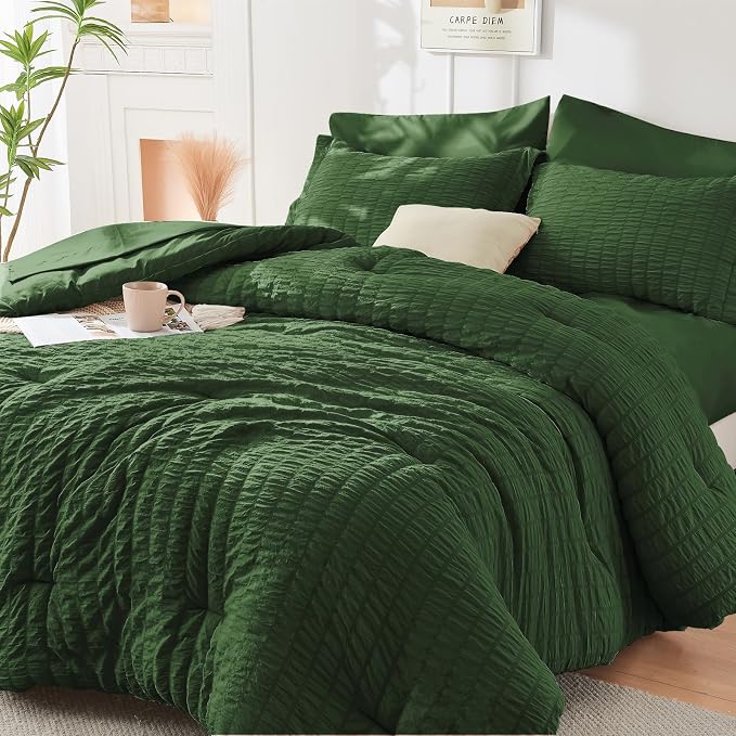 HYMOKEGE Dark Green California King Comforter Set Seersucker 7 Pieces, All by HYMOKEGE