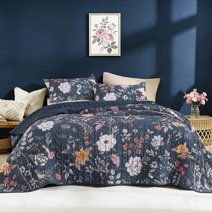 Litanika Floral Navy Blue Quilt Queen Size by Litanika