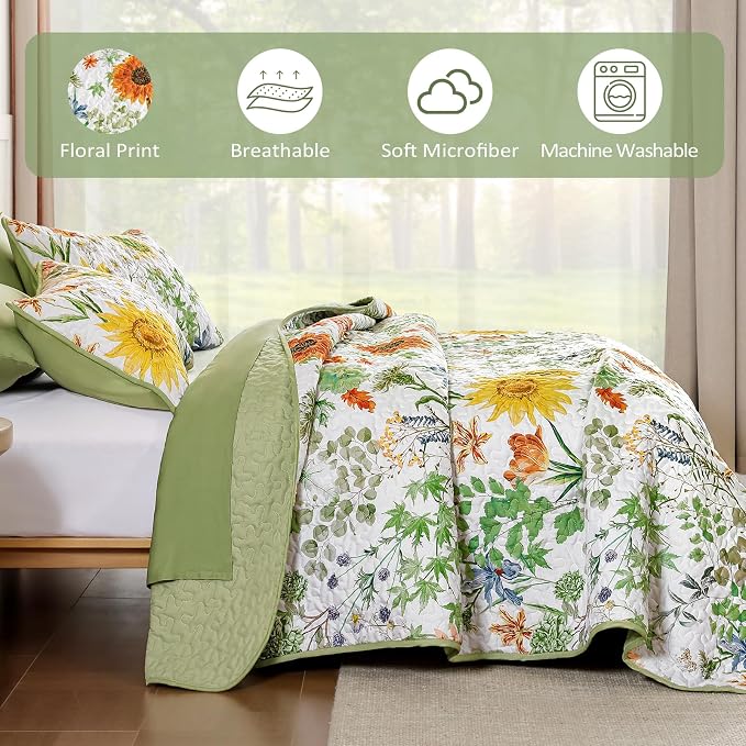 Yiran Floral King Quilt Bedding Set, Sage Green Sunflower Colorful Bedspreads - Image 6