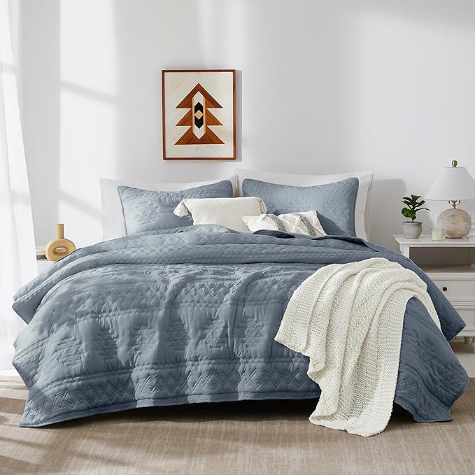 WDCOZY Boho Blue Grey Quilt King Size Bedding Sets by WDCOZY