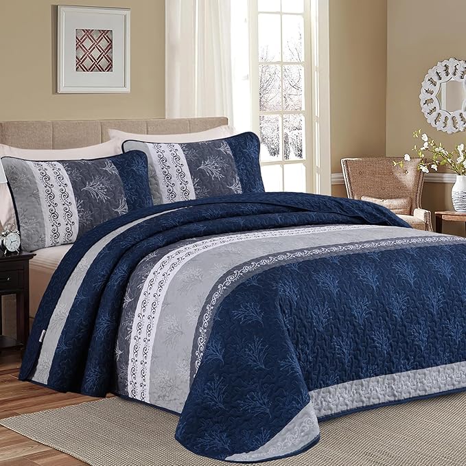 DJY Stripe Quilt Set Queen Size Navy Blue Bedspread Coverlet Set 3 Pieces Boho by HOME