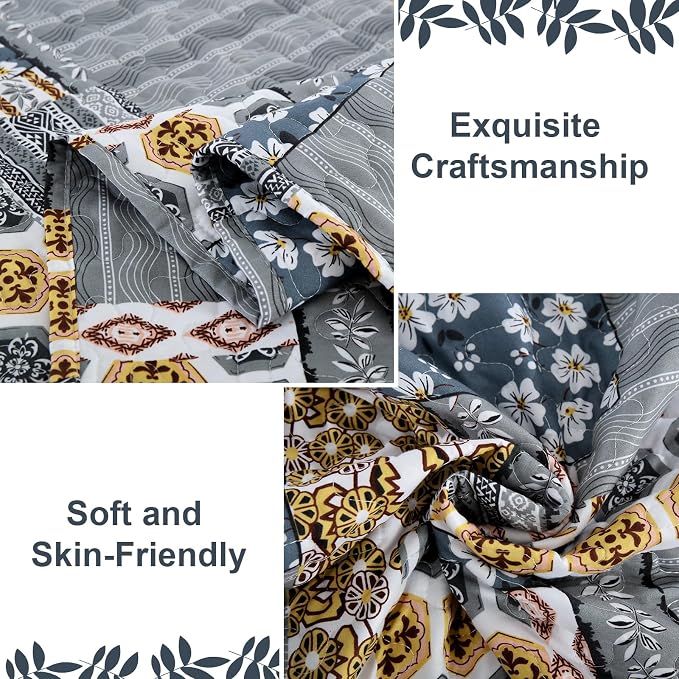 Mybedsoul Dark Grey Quilt Set King Size, 3 Pieces Plaid Floral Bedspread Set - Image 4