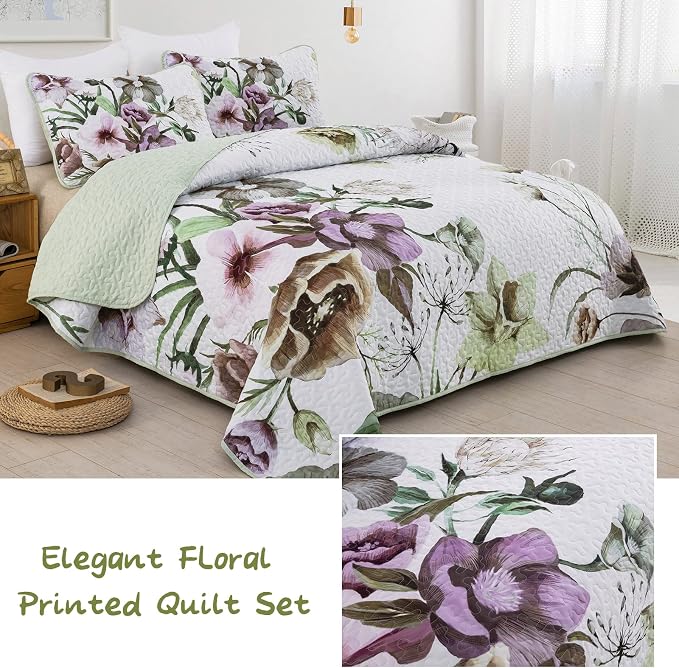 Floral Quilt Set King 3 Pieces Boho Green Quilt Coverlet Set Soft Microfiber - Image 2