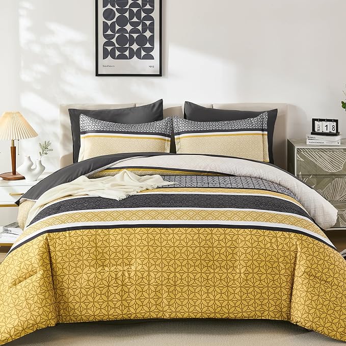 WONGS BEDDING Yellow Grey Queen Comforter Set 7 Pieces, Boho Striped Bed in a - Image 2