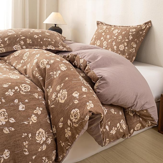 OAITE Brown Flower King Size Duvet Cover-3 Pieces Prewashed Cotton-Like - Image 3
