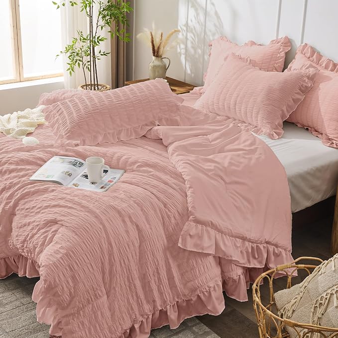 JOLLYVOGUE Twin Size Comforter Set, 2 Pieces Rose Gold Seersucker Lightweight - Image 7