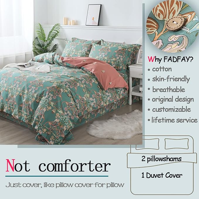 FADFAY Floral Duvet Cover Queen Button Closure 100% Cotton 600 TC Teal - Image 2