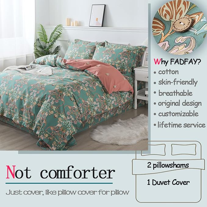 FADFAY Duvet Cover Set Button Closure Floral Bedding King/Cal King 100% Cotton - Image 2