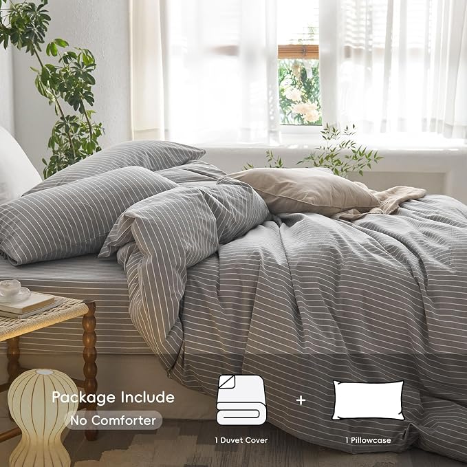 MooMee Striped Duvet Cover Set 100% Washed Cotton Linen Like Textured - Image 2