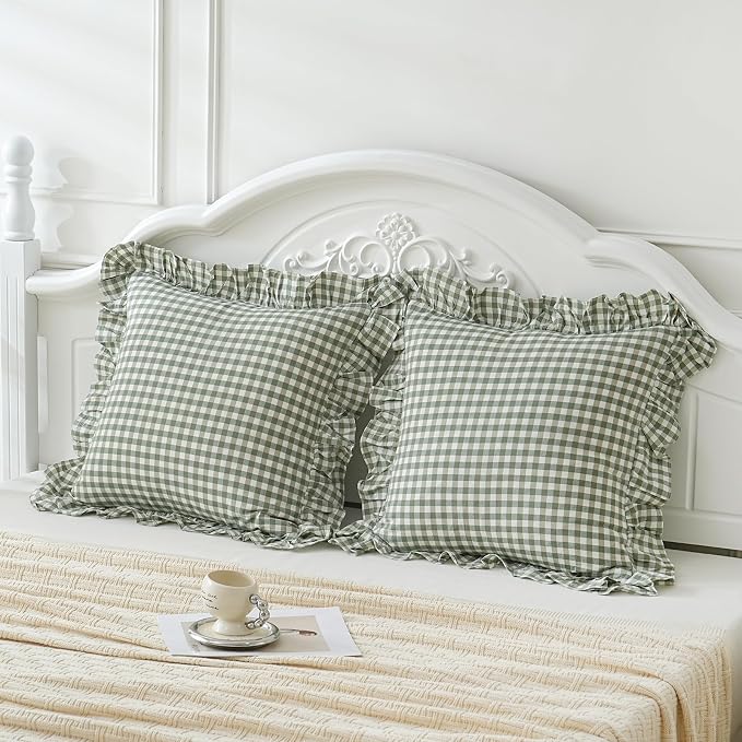 2 Pack Sage Green White Plaid Ruffle Euro Shams Pillow Covers 26x26 inches - Image 2
