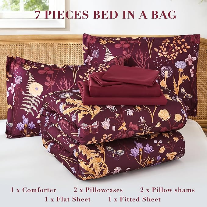 Yiran King Size Comforter Set 7 Piece, Burgundy Floral Bedding Set, Lightweight - Image 6