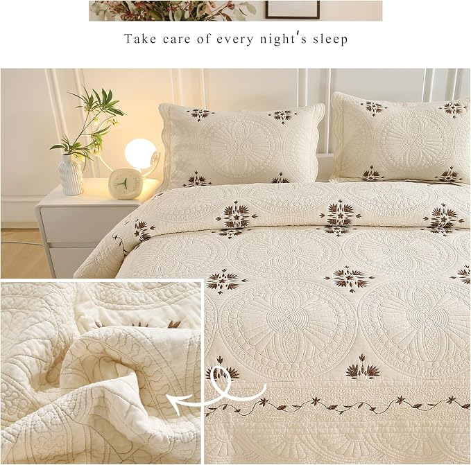ROOMLIFE Quilt Set King Beige Classical 3D Floral Embroidery Pattern 3-Piece - Image 7