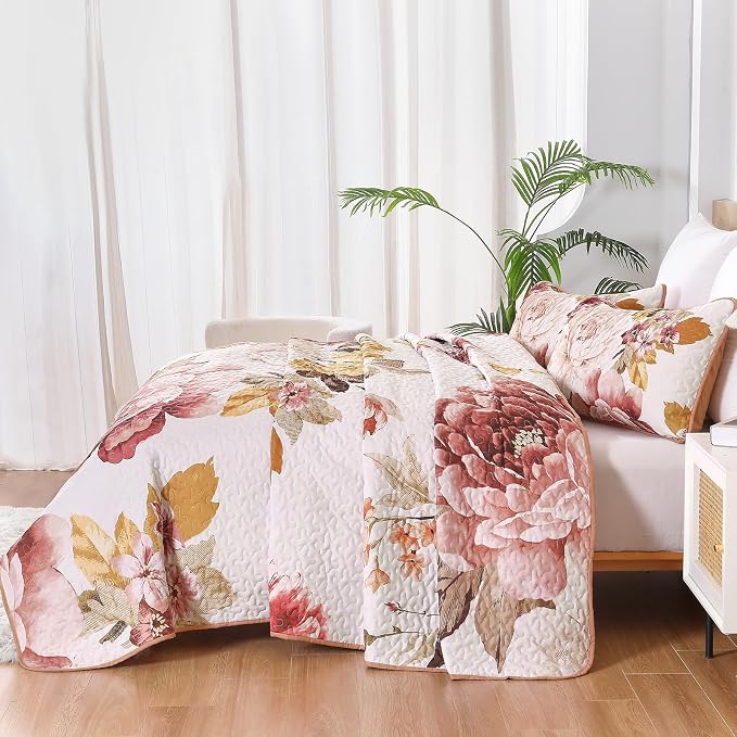 WONGS BEDDING Blush Floral Quilt Set Queen, Elegant Flower Bedspread Coverlet - Image 4