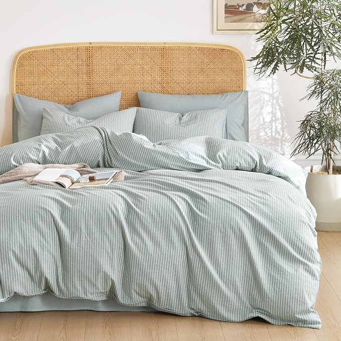 Wake In Cloud - Striped Cotton Duvet Cover Set, 100% Washed Cotton Textured - Image 5