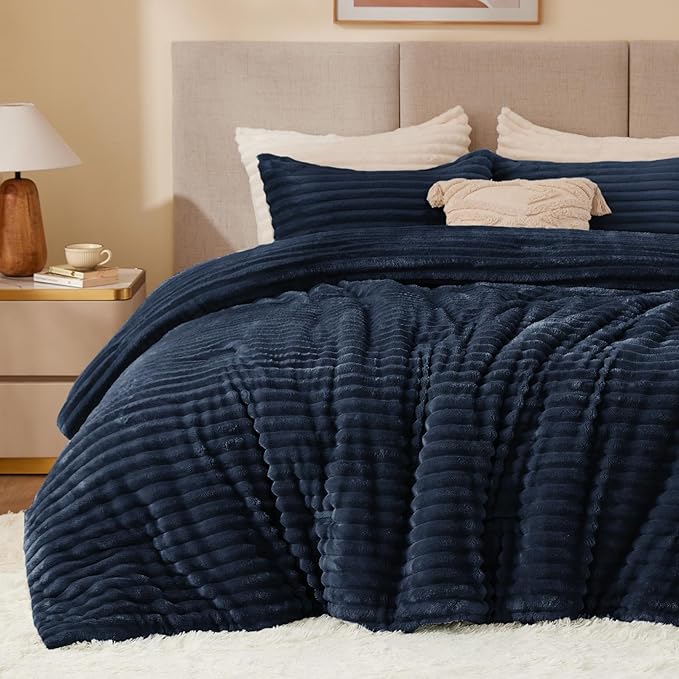 BEDELITE Fleece Oversized Queen Comforter Set -Super Soft & Warm Fluffy Navy by BEDELITE