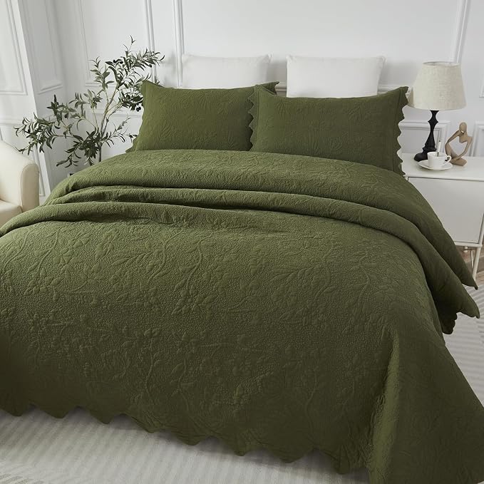 Brandream Olive Green Floral Vine Cotton Quilt Set King Size Luxury Scalloped - Image 3