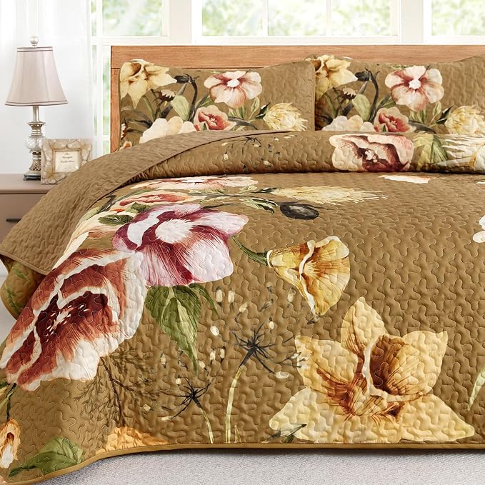 Drucon Brown Floral Quilt Set Queen Size 3 Pieces Brown Botanical Flower Quilt - Image 5