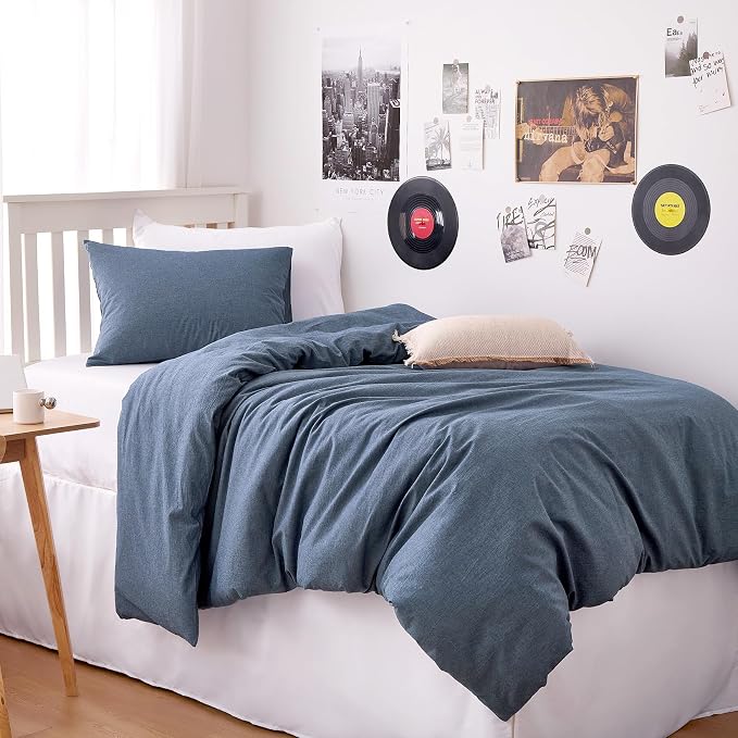 Wake In Cloud - Cotton Duvet Cover Set, Twin Size, Chambray Denim Blue - Image 5