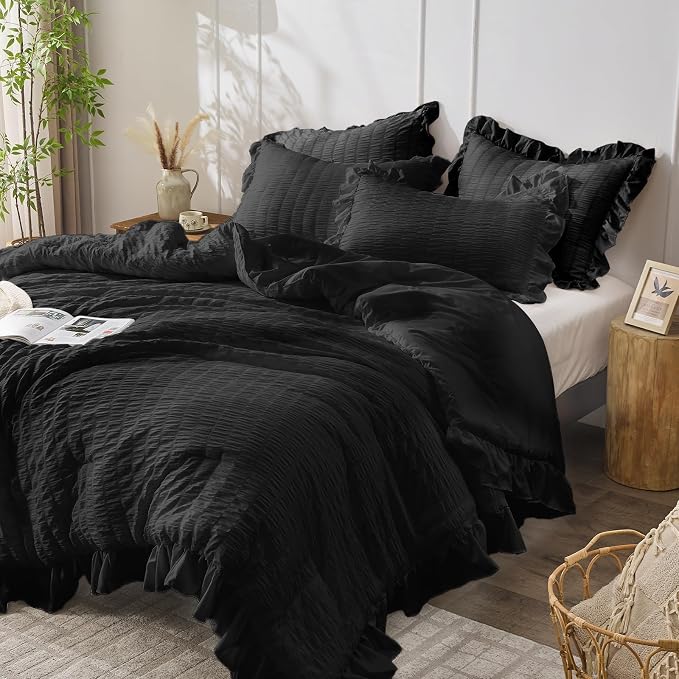 JOLLYVOGUE Black Twin Size Comforter Set, 2 Pieces Seersucker Lightweight - Image 2