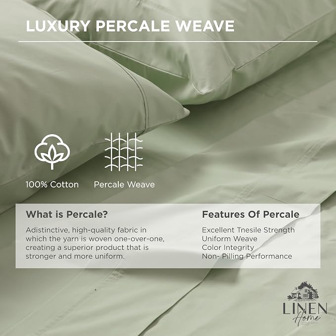Linen Home 100% Cotton Percale 1 Flat Sheet, Twin Size - Image 2