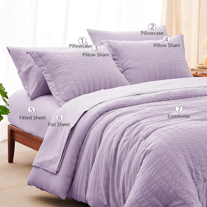 CozyLux Queen Comforter Set Light Purple Seersucker 7 Pieces Bed in a Bag Queen - Image 6
