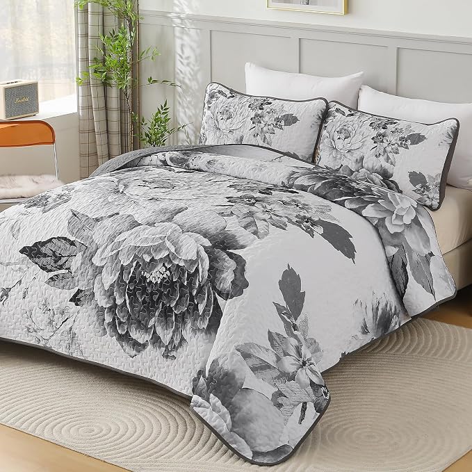WONGS BEDDING Grey Boho Floral Quilt Set King, 3 Pieces Elegant Gray Flower - Image 2