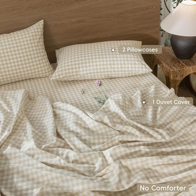 MooMee Gingham Duvet Cover Set 100% Washed Cotton Linen Like Textured - Image 2
