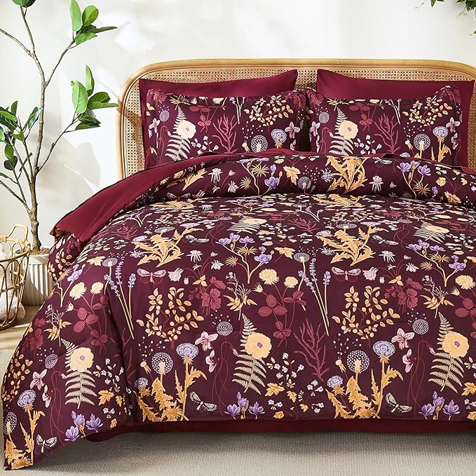 Yiran Queen Comforter Set 7 Piece, Burgundy Floral Bedding Set, Bed in a Bag by Yiran