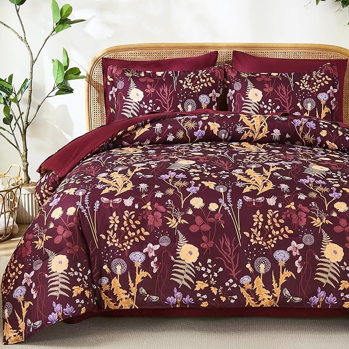 Yiran King Size Comforter Set 7 Piece, Burgundy Floral Bedding Set, Lightweight by Yiran