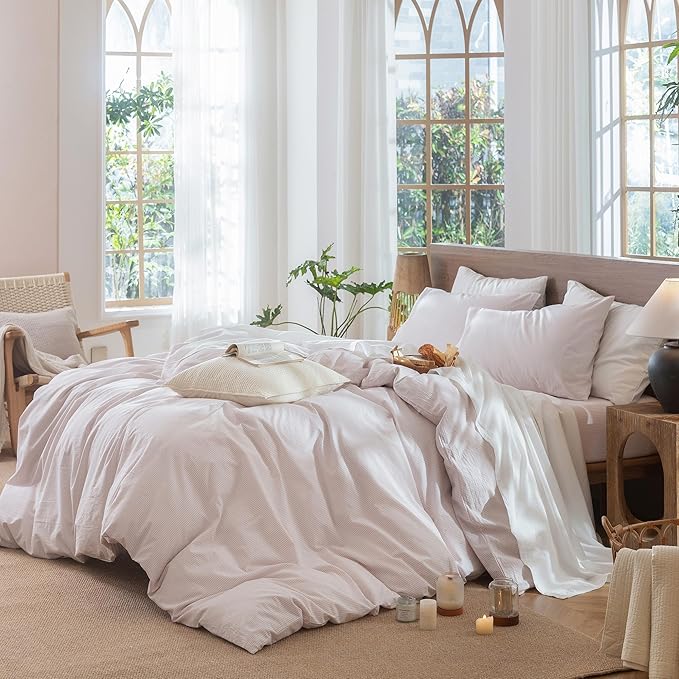 MooMee Striped Duvet Cover Set 100% Washed Cotton Linen Like Textured - Image 3