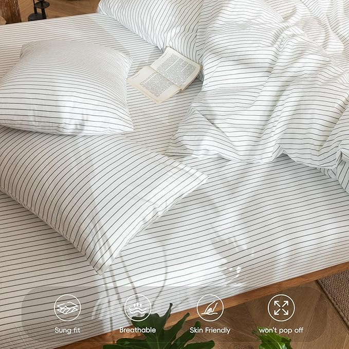 MooMee Stripes Fitted Bottom Sheet Only 100% Washed Cotton Linen Like Textured - Image 5