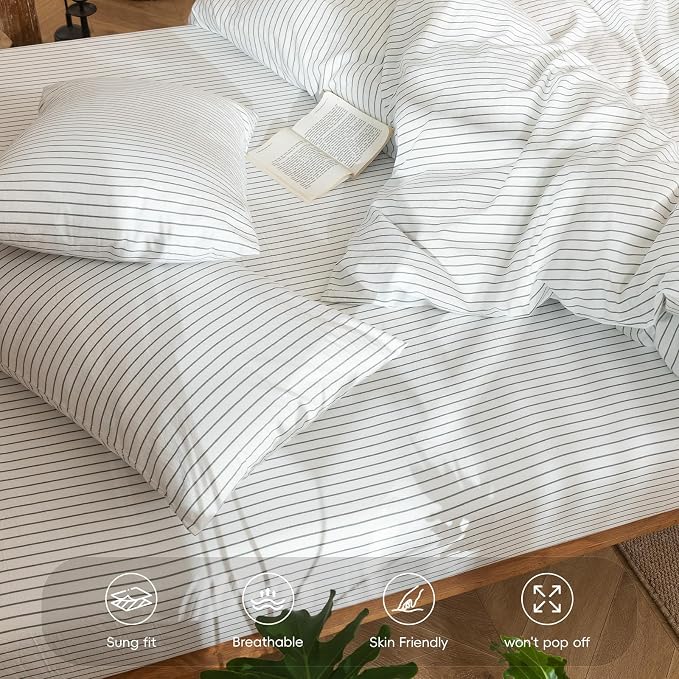 MooMee Stripes Fitted Bottom Sheet Only 100% Washed Cotton Linen Like Textured - Image 5