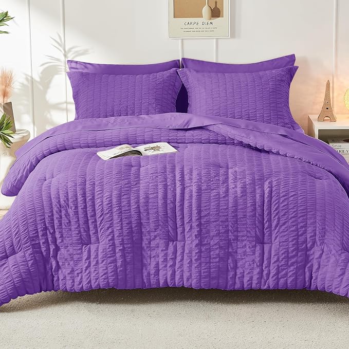 HYMOKEGE Bright Purple King Size Comforter Set Seersucker 7 Pieces, All Season - Image 9