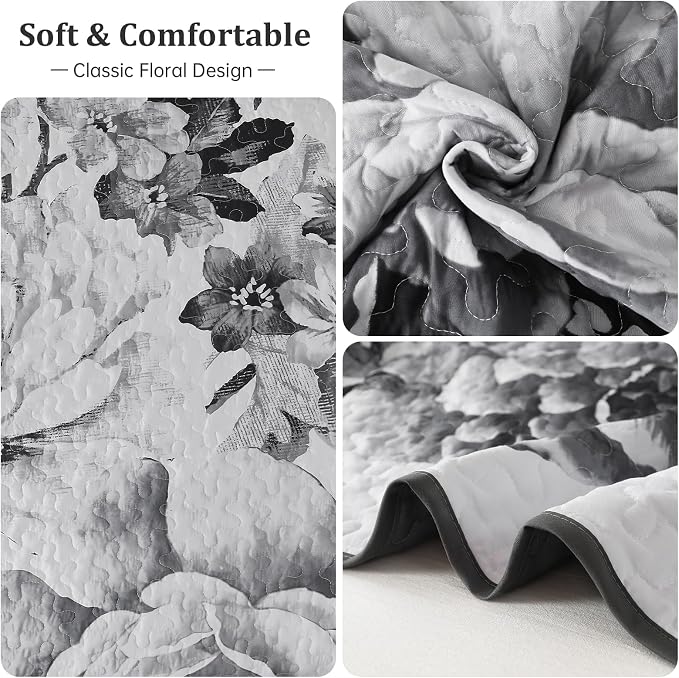 WONGS BEDDING Grey Boho Floral Quilt Set King, 3 Pieces Elegant Gray Flower - Image 6