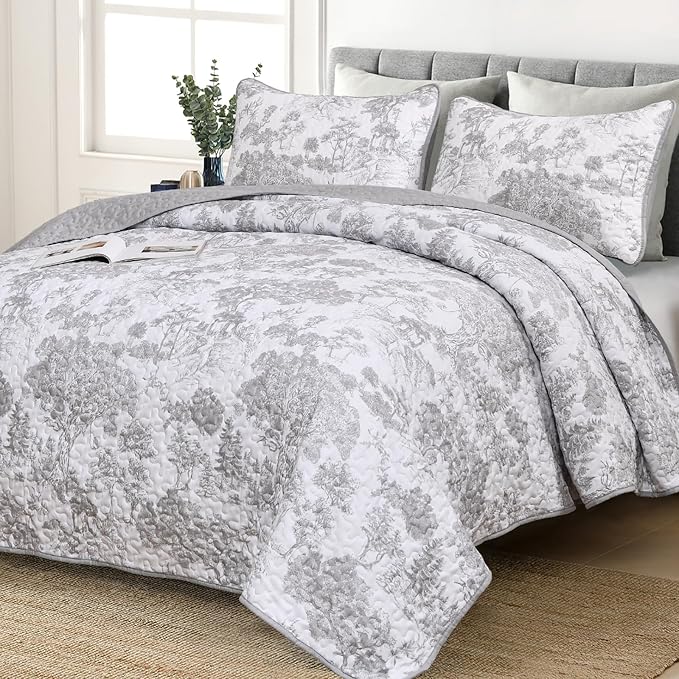 WONGS BEDDING Grey Quilt Set Twin Size, 2 Pieces Botanical Bedspreads Set by WONGSBEDDING