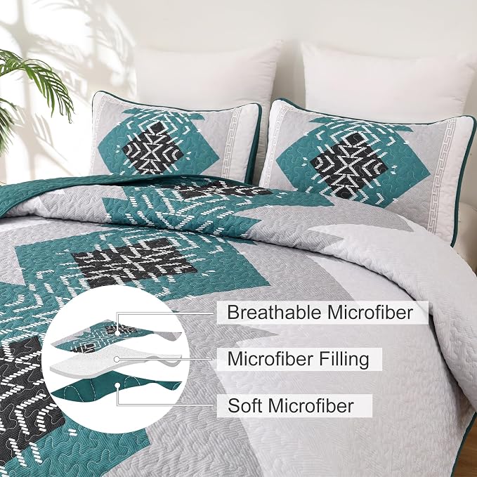 Dintszyayue Teal Boho Quilt Set Queen 3 Pieces Turquoise Aztec Texture - Image 5
