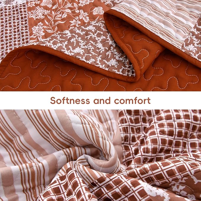 Mybedsoul Burnt Orange Quilt Set King Size, 3 Pieces Boho Plaid Terracotta - Image 4