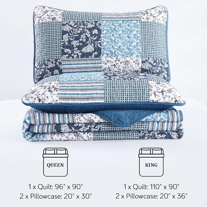 Mybedsoul Navy Blue Quilt Set King Size, 3 Pieces Plaid Floral Bedspread Set - Image 7